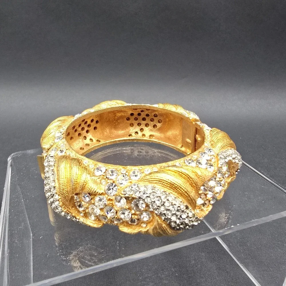 Vintage Cadoro Textured Gold Tone Wide Metal Bangle Bracelet Rhinestone Hinged